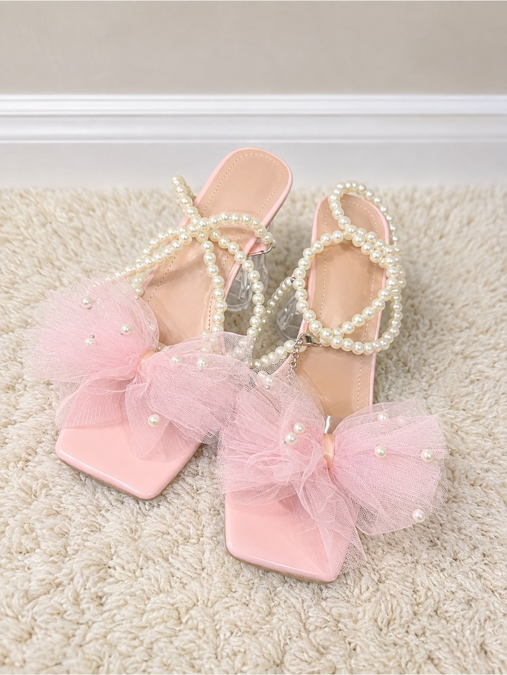 Women's Pink Pearl-Embellished Tulle Bow Heels
